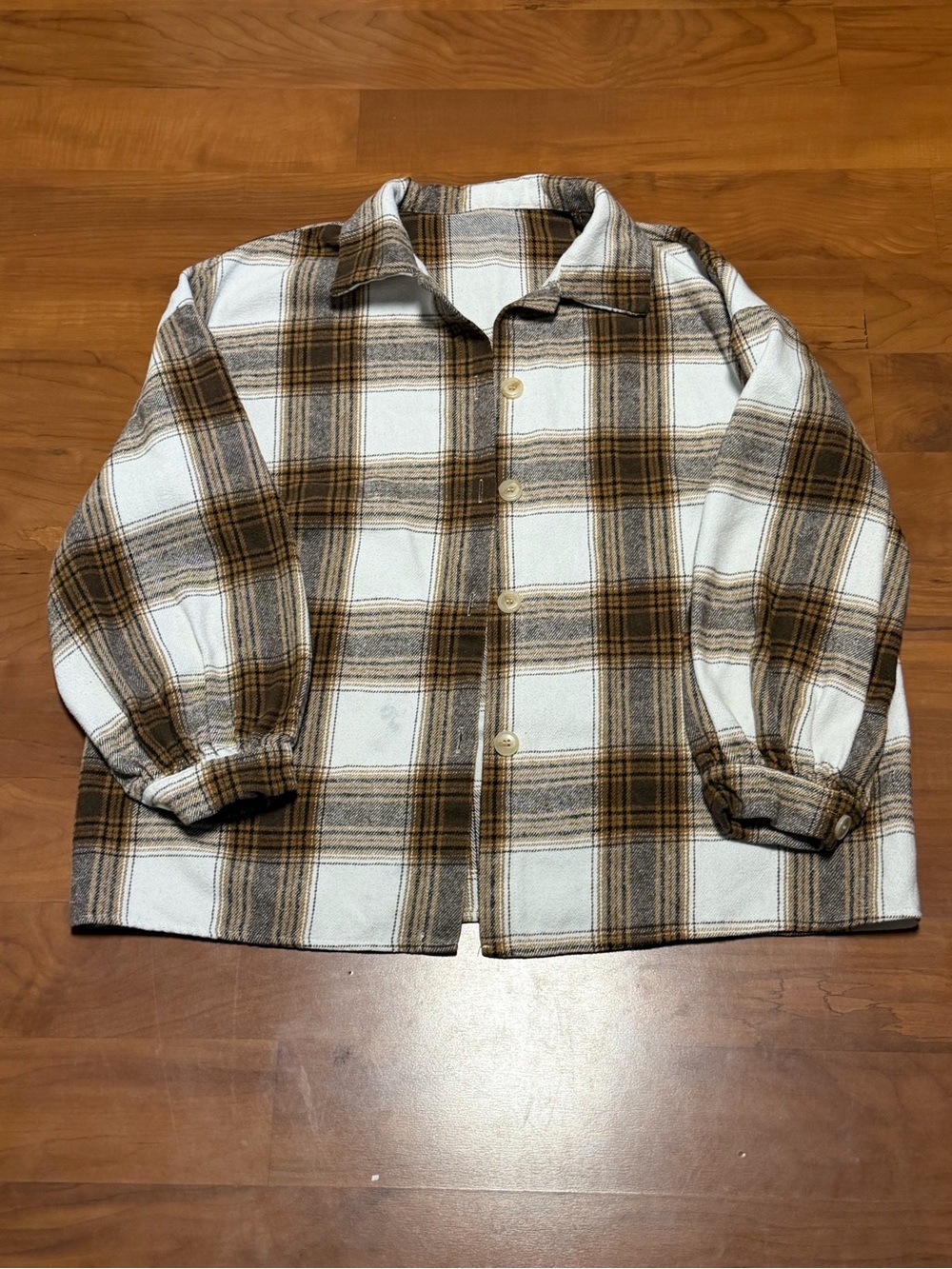 SHEIN White and Brown Plaid Button-Down Shirt